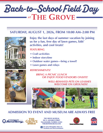 FLSecofState's tweet photo. If you're in Tallahassee Saturday, check out The Grove Museum!
Secretary Byrd Announces Back-to-School Field Day at The Grove Museum
“This year’s Back-to-School Field Day is an opportunity to celebrate America250FL before school starts,” said Secretary of State @CordByrd. “The event offers a fun way for families to create lasting memories together while discovering more about our nation’s rich heritage and Florida’s unique and vital role in shaping our shared history.”
More information here: https://t.co/fEvizTz6Mx