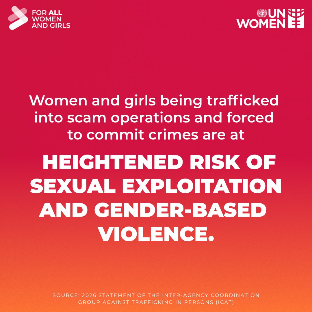 UN_Women's tweet photo. Women and girls worldwide are being trafficked into forced criminality—and often punished for it.

They deserve protection, not punishment.

Join the call to #EndHumanTrafficking.

🔗 https://t.co/8ovAayu2hp https://t.co/O5GdxvPuIT