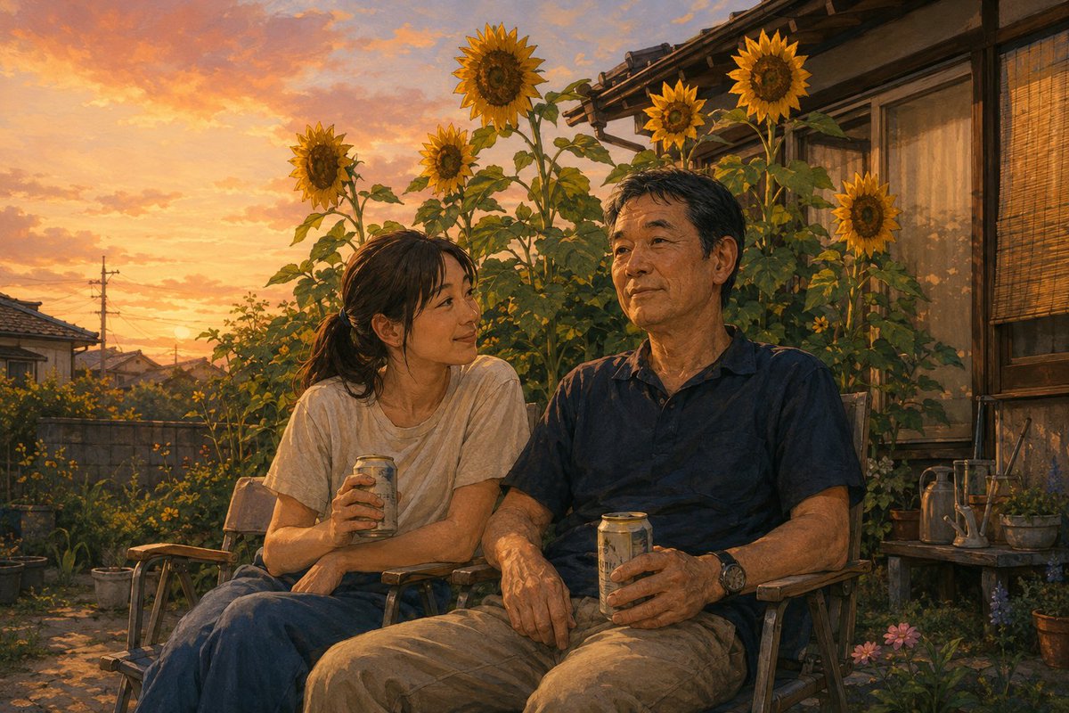 iwama_kiduki's tweet photo. 夕方。

父と娘は
ヒマワリの前に椅子を並べ
二人で缶ビールを飲んだ。

娘が笑った。

「写真を送らなかったの
これを見せたかったから？」

父は答えず
少しだけビールを飲んだ。

夏が終わり
花が枯れた頃。

娘が実家を訪れると
玄関に見覚えのある紙袋が
置かれていた。

中には
父が取っておいた種。

袋の表には
父の字で書かれていた。

「来年の分」

娘が父を見ると
父は庭を指した。

「今度は
もっと大きくする」

最初は
娘が父に預けた種だった。

でもその紙袋は
来年もこの庭で会うための
約束に変わっていた。
↓