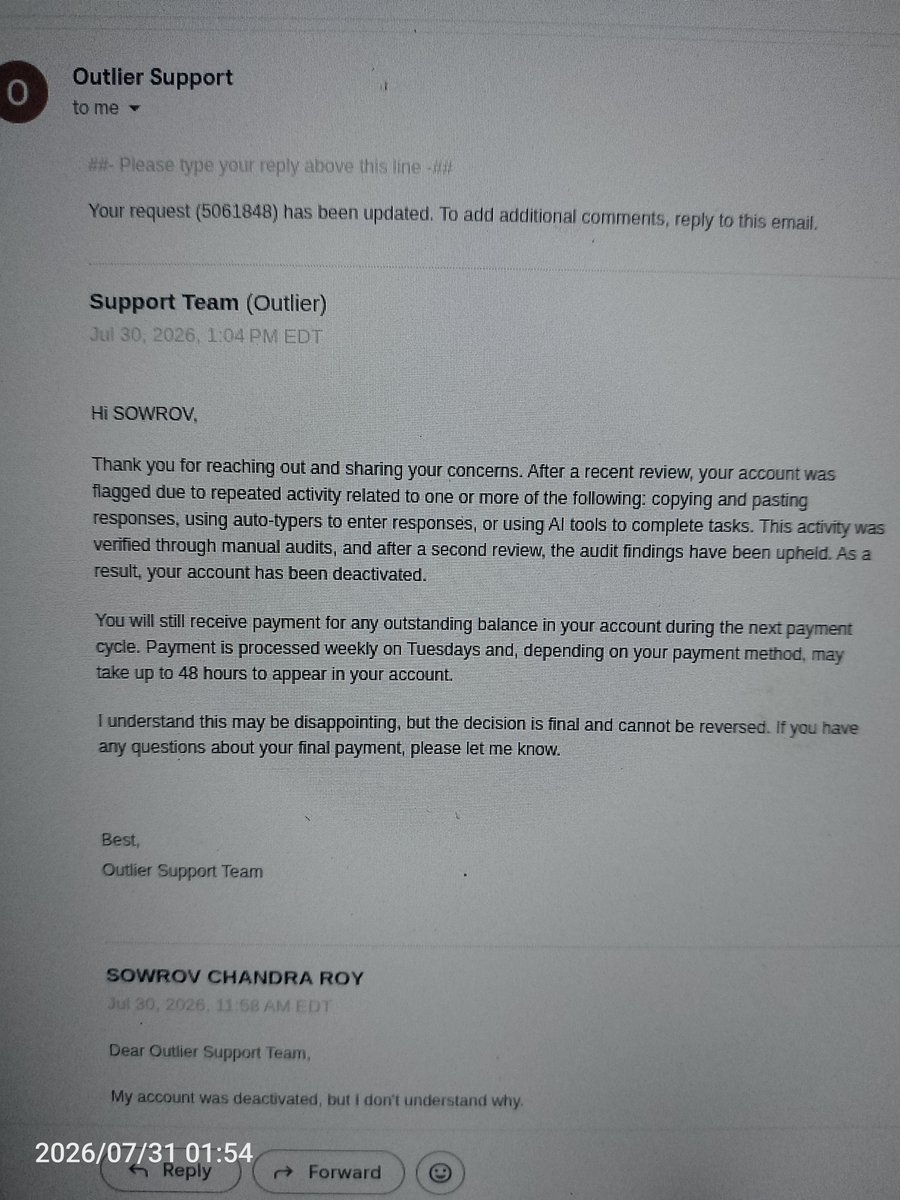 sowrovcr13's tweet photo. My Outlier account was deactivated. I understand I made a mistake by trying to paste one word once, and I'm sorry.
If possible, please review my case one last time.
Ticket #5061848
#Outlier #OutlierAI https://t.co/aX6xDsMYyN
