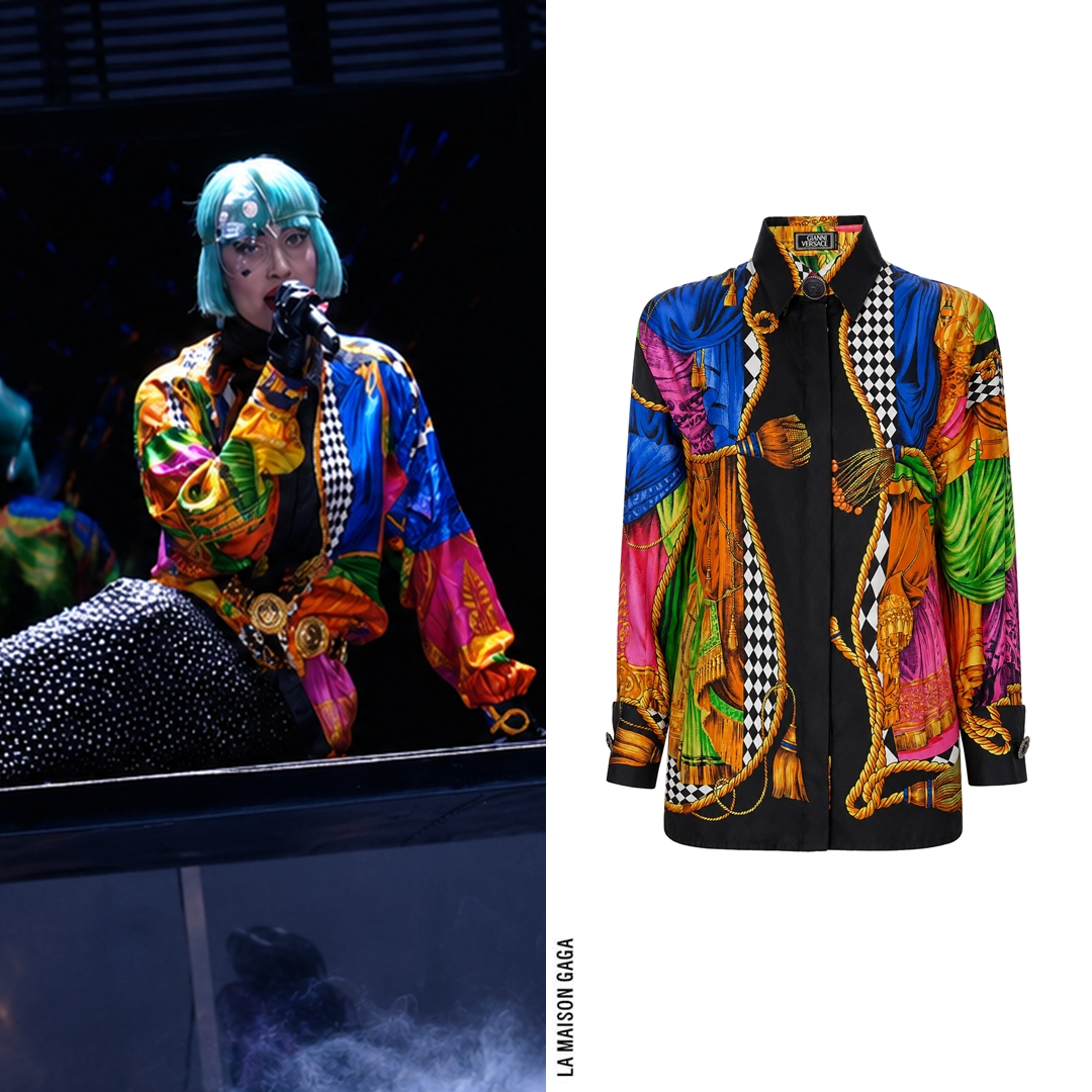 LaMaisonGaga_'s tweet photo. Lady Gaga sang 'The Edge of Glory' on Le Grand Journal, wearing vintage @Versace S/S91 theater-printed shirt with vintage belt, a custom @Mertailor mermaid tail which was further studded by #HausofGaga, and custom #VoidofCourse latex gloves. https://t.co/6V5MfCY3LE