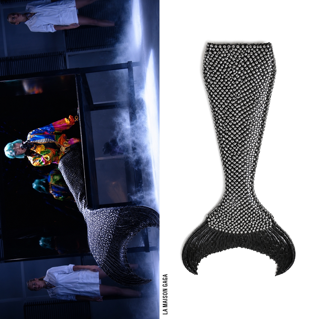 LaMaisonGaga_'s tweet photo. Lady Gaga sang 'The Edge of Glory' on Le Grand Journal, wearing vintage @Versace S/S91 theater-printed shirt with vintage belt, a custom @Mertailor mermaid tail which was further studded by #HausofGaga, and custom #VoidofCourse latex gloves. https://t.co/6V5MfCY3LE