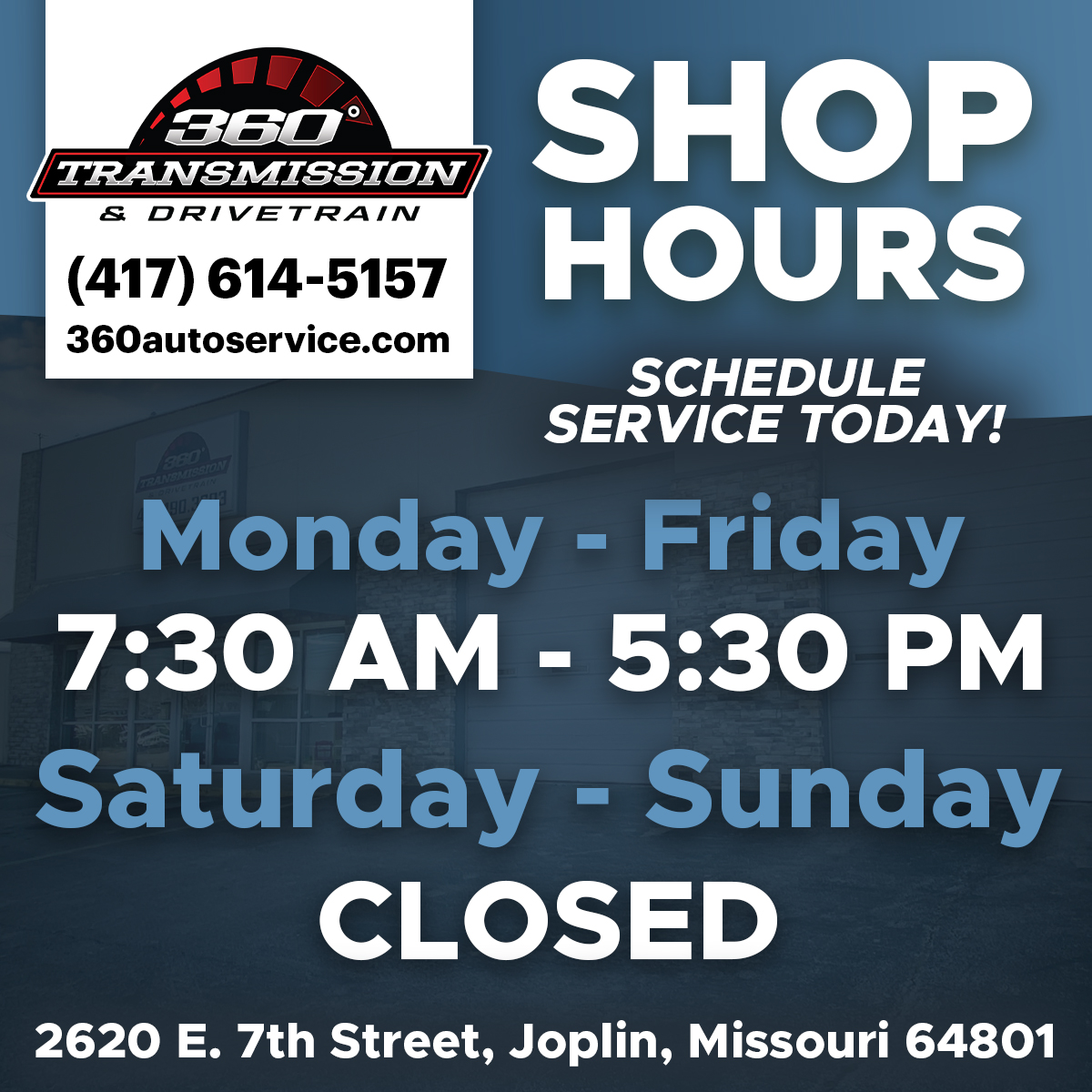 360_AutoService's tweet photo. 360 Transmission &amp; Drivetrain ⏰ Ready to serve you! Schedule service at 417-614-5157 or online: https://t.co/dV5vznkBf3. #360TransmissionandDrivetrain #TransmissionShop #LocalTransmissionRepair #AutoShopHours https://t.co/nXre5BhOGC