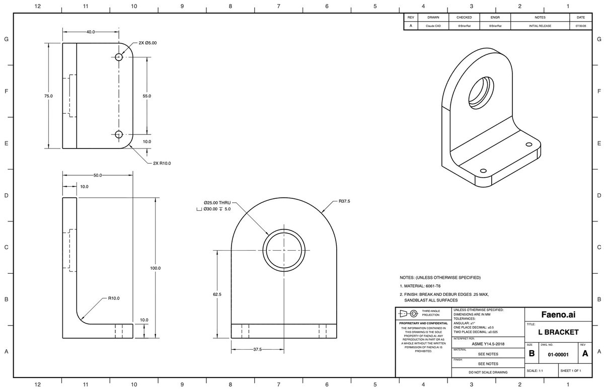 BrierRat's tweet photo. Gentlepeoples of the world: Claude CAD does drawings!

It's a simple part, but between Claude CAD and build123d tools, we created a full, professional, machine layout drawing. 

The drawing is fully parametric with the CAD code for producing the part. Claude fully understands ASME standard dimensions. We created the title block from scratch. SVG format.

The best part: No. More. Menus.

You want a thing, you don't need to go searching. No more combing through menus, trying to find the secret recipe for creating your hole callout. You just have Claude draw it. It's just coding. 

This is combining the freedom of manual drafting with the parametric-ism CAD.