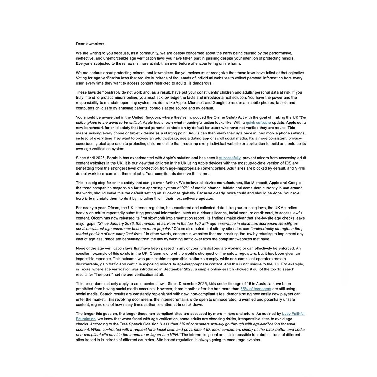 Pornhub's tweet photo. This week we sent an open letter to nearly 300 US politicians addressing the failing age verification laws they continue to subject their constituents to. We all want laws that will protect kids and user privacy so why are these lawmakers continuing to support laws that do exactly the opposite?
