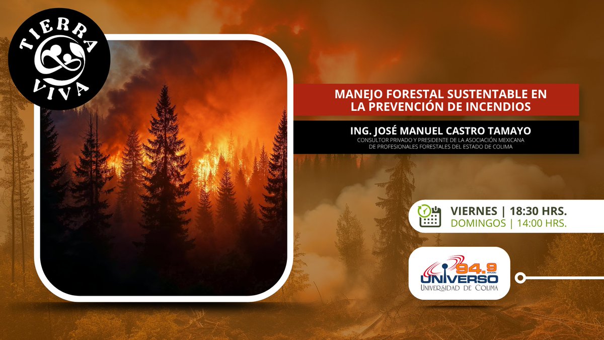 UNIVERSO949's tweet photo. El manejo forestal sustentable en la prevención de incendios, ¡el tema de la próxima emisión de #TierraViva!

👉 Este viernes 31 de julio, conversamos con el Ing. José Manuel Castro Tamayo | Sintonízanos en punto de las 18:30 horas ➡️ https://t.co/EqMWb8kIaZ

#ArmoníaEnElTiempo https://t.co/K2wqk4LAGB