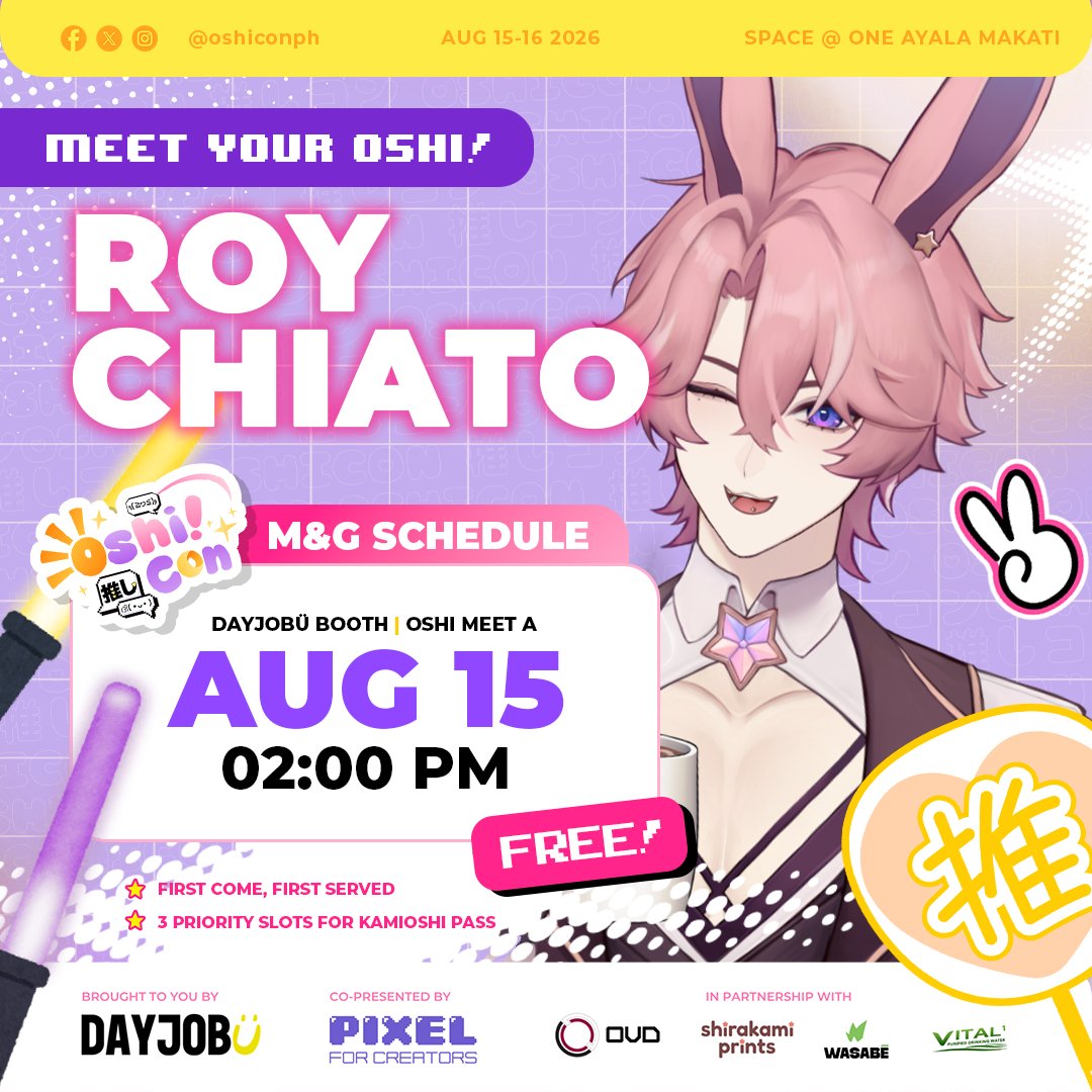 oshiconph's tweet photo. Prepare to meet your oshis!!

@Ywuria, @RoyChiato, @AdmiralTrina, and @AQUAV3RS are coming to the FREE Oshi Meet area at the @dayjobuTV booth! Come see them on August 15-16, 2026 at SPACE at One Ayala ദ്ദി(˃ ᵕ ˂ ദ്ദി)

#OshiMeet #OshiCon2026 #Oshi2Ü 💖 https://t.co/zRPWgphYQG