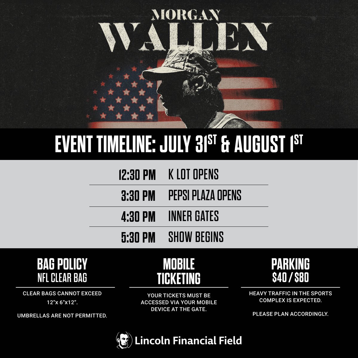 LFFStadium's tweet photo. Get ready for Morgan Wallen! Here’s some important information ahead of this weekends shows⬇️

In need of assistance during tomorrow’s event? Text the word ASSIST <space> your issue &amp; location to 267-570-4444 https://t.co/45dElSdqlH