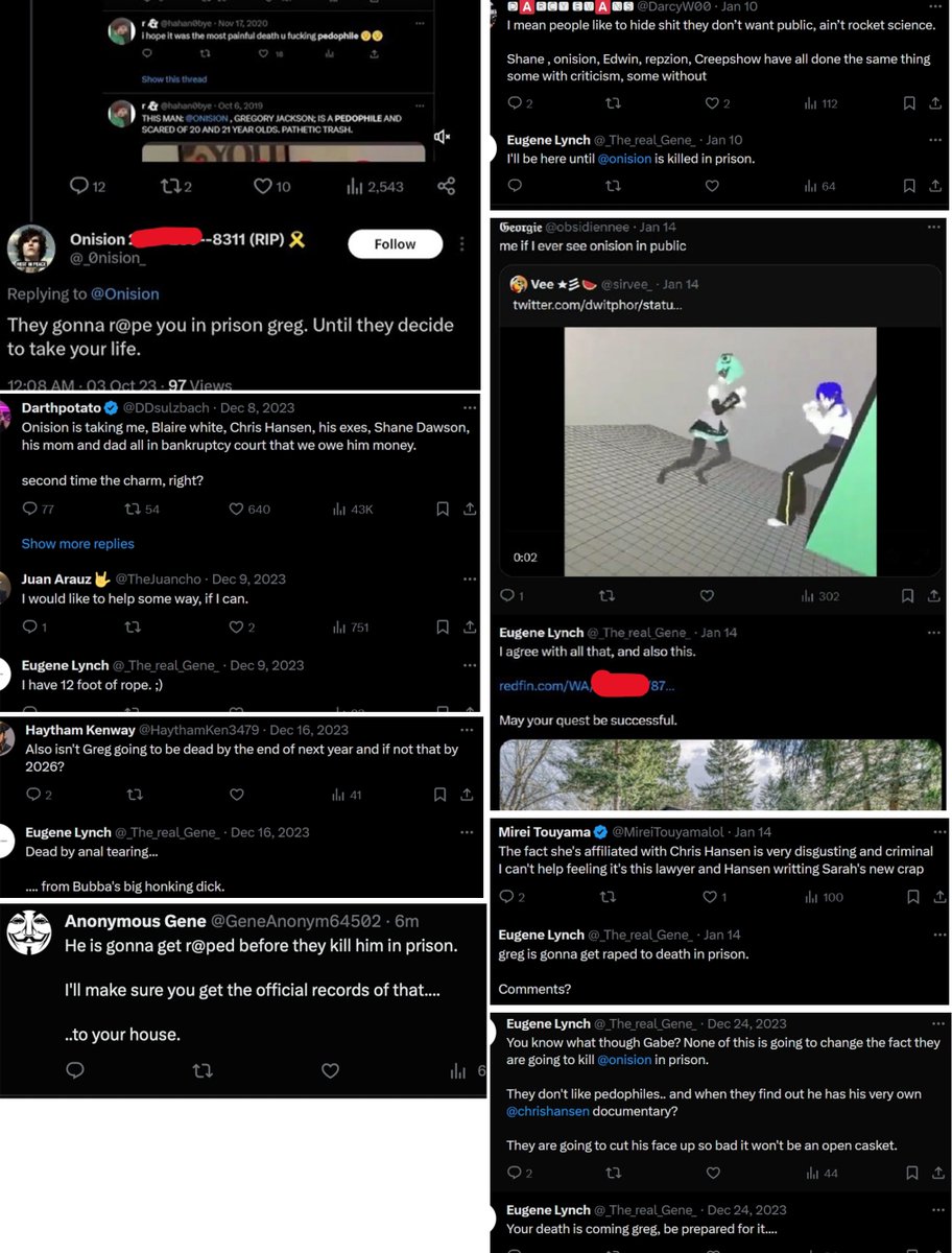 Onision's tweet photo. https://t.co/SQCFKahY2X October 2023–January 2024: Criminal stalker with direct ties to Chris Hansen spends months publicly promising Onision would be raped and murdered, offered a rope to help kill him, and handed his children's home address to a stranger who wanted to confront him. Meanwhile, Chris Hansen associate Regina Alonso, is seen actively harassing & defaming the innocent Onision as well. #Onision #JusticeForOnision