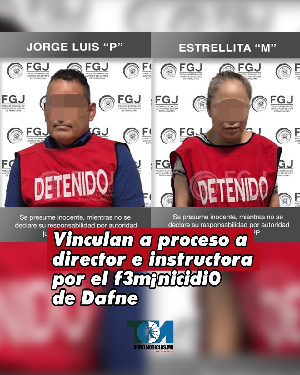 TDNoticiasmx's tweet photo. 🚨#CasoDafne Jorge Luis “N” y Estrellita “N” fueron vinculados a proceso por su presunta participación en el f3m¡nicidi0 de Dafne, de 13 años. Permanecerán en prisión preventiva en el Cedes de Altamira. Con esta decisión, ya suman tres los imputados por el caso. https://t.co/Xt3rteMsWI