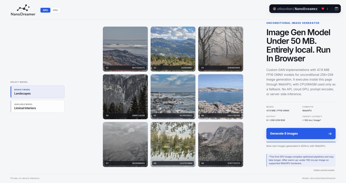 UtkuCoban000's tweet photo. I made an AI Image generation model under 50MB that runs entirely locally in your browser using WebGPU, generates an image in under 100ms, has only 24M parameters, it uses my custom GAN implementation also its open weights

Link in replies https://t.co/jLUcf68L5o