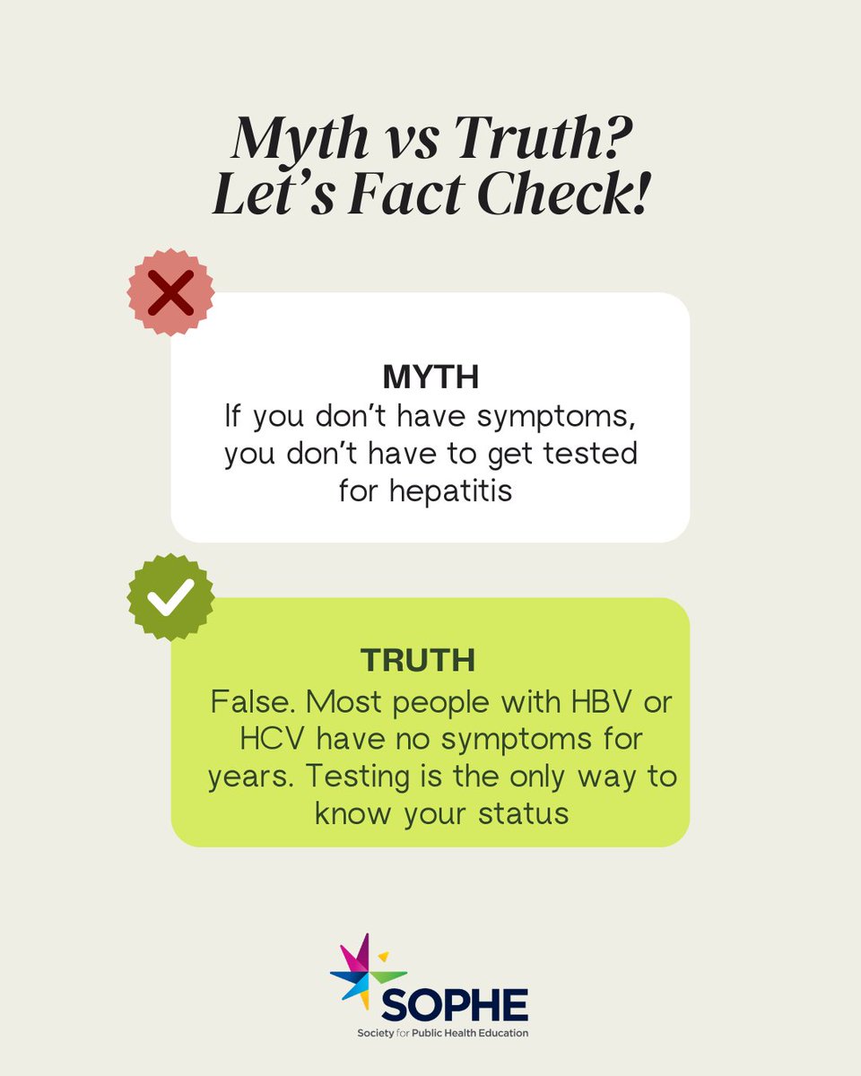 SOPHEtweets's tweet photo. Hepatitis is often silent – screening is the way to rule out illness. It is recommended for adults to get a one-time testing for HBV and HCV, and more times if you are a high-risk population.

Learn more at: https://t.co/prCTP9HndC

#WorldHepatitisDay #PublicHealth #SOPHE https://t.co/CUBglhaCSS