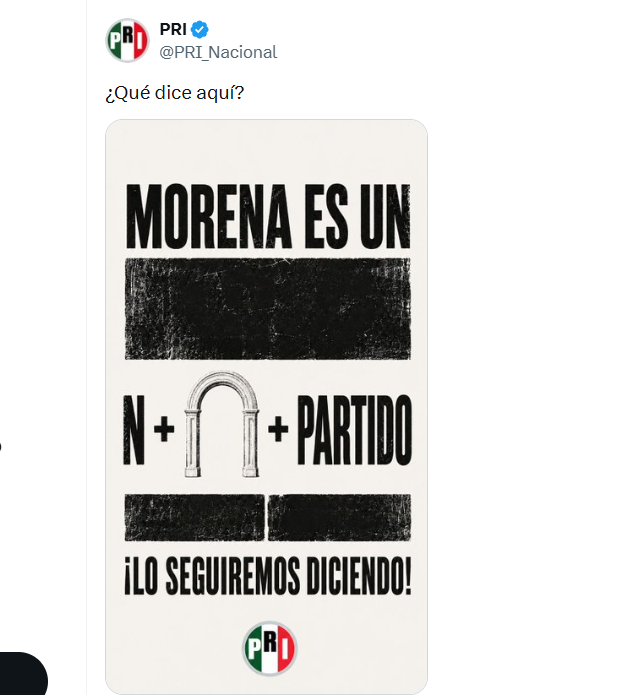 MLopezSanMartin's tweet photo. "Lo seguiremos diciendo"

Ante la mordaza del INE que prohíbe llamar "narcopartido" a Morena, el @PRI_Nacional revira con esta estrategia 👇 https://t.co/h20c9SSWtM