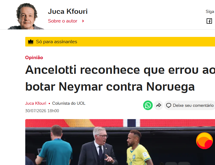 br_dadepressao's tweet photo. O mau-caratismo faz parte do jornalismo esportivo brasileiro.

A declaração do Ancelotti para à ESPN sobre a entrada d Neymar no jogo contra a Noruega: 

“Eu acho que o Neymar era para ser colocado, o Neymar tinha que entrar nesse momento porque o Neymar estava bem, treinou bem, se preparou bem. Eu gostei da atitude dele. Eu acho que ele ajudou a equipe. Mas, entrando ele, não tinha que mudar a estrutura da equipe."
