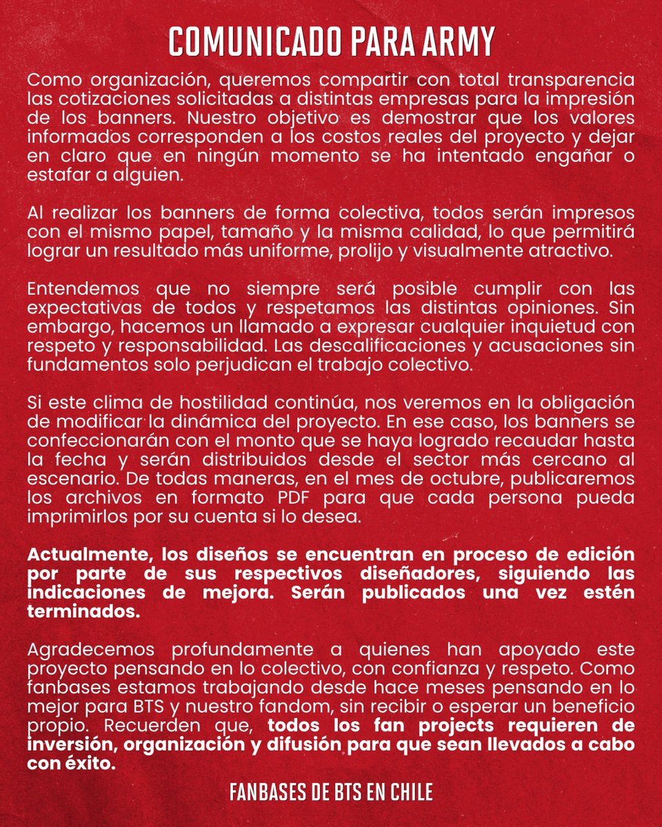 ConnectedBts's tweet photo. En este post compartimos cómo hemos estado trabajando con los banners como fanbases de BTS en Chile.

Los proyectos en nuestro país para el BTS WORLD TOUR ARIRANG requieren de organización seria y responsable, para nosotras no es un juego, desde enero estamos en constantes conversaciones y reuniones para llegar a acuerdos, entregando nuestro tiempo sin buscar un beneficio personal.

#BTSChile #ARMYChile #BTS #FanProjects #ARMY