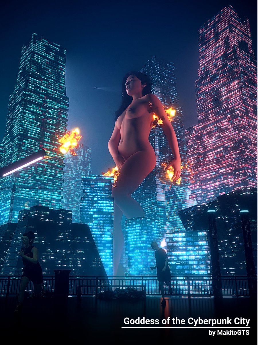 MakitoGTS's tweet photo. A colossal threat in a futuristic city. Explosions are just sparks on her skin, while tiny humans scatter in fear below 🏙

#sizetwitter #giantess #cyberpunk https://t.co/n6oeTNZrO8