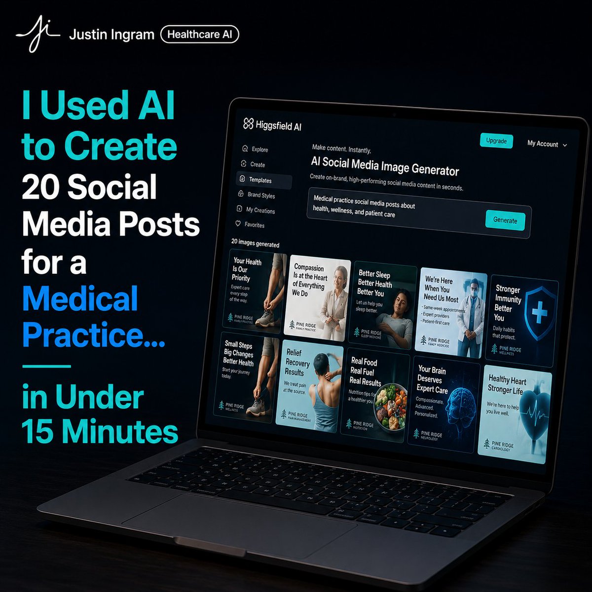JustinHealthAI's tweet photo. One of the biggest mistakes I see medical practices make with AI is asking it to create one social media post at a time.

It works, but it also guarantees you'll spend hours starting over every week.

Instead, build a content system.

Here's the workflow I use.

Step 1: Create a Claude Project for your practice.

Step 2: Upload everything that teaches Claude about your business, including your website, services, blogs, newsletters, social posts, branding, photos, and brand voice.

Now it understands your practice before it starts creating.

Step 3: Ask Claude to act as your Content Marketing Director and create an entire month of educational content, complete with headlines, captions, graphic ideas, CTAs, and hashtags.

Step 4: Take those ideas into ChatGPT Images and generate matching graphics using your branding.

One extra tip...

Tell Claude to balance the content with educational posts, myths, patient stories, promotions, and authority-building content. Then ask which posts would perform best as carousels and short videos.

Now you've built content for Facebook, Instagram, LinkedIn, blogs, emails, and videos from one workflow.

That's the difference between using AI to make one post and using AI to build a marketing system.

👇 Want us to build this AI workflow for your practice?

Click the link in my below to subscribe to my FREE Weekly Healthcare AI Brief, where I give away FREE Guides every week, & give tips, tricks and advice on everything AI & AI tools for healthcare and dental clinic owners. https://t.co/lVrnUFno3C
.
#HealthcareAI #MedicalMarketing #PracticeGrowth #ArtificialIntelligence #HealthcareInnovation