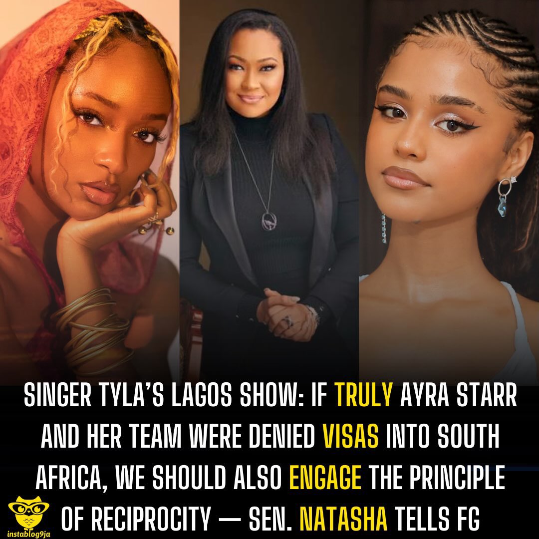 instablog9ja's tweet photo. Singer Tyla’s Lagos Show: If truly Ayra Starr and her team were denied visas into South Africa, we should also engage the principle of reciprocity — Sen. Natasha tells FG https://t.co/l0eWOepGk9