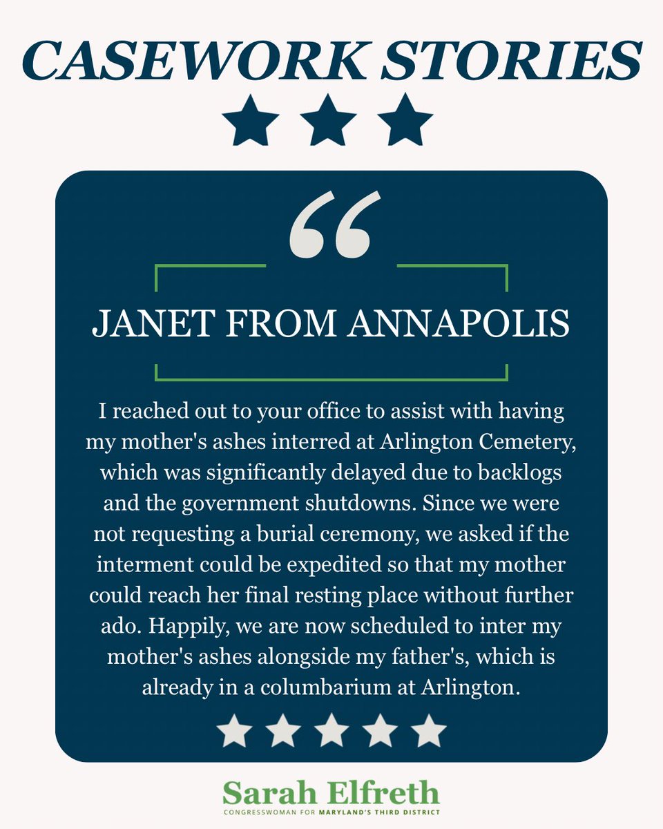 RepSarahElfreth's tweet photo. Our casework team works on a wide variety of issues that constituents face in government. For instance, Janet reached out to our team for assistance properly honoring her mother and laying her to rest at Arlington Cemetery.

If you think #TeamElfreth can be of assistance, please don’t hesitate to reach out at (410) 832-8890 or check out the link below for more information on casework assistance.
https://t.co/bdHFzLb4bJ