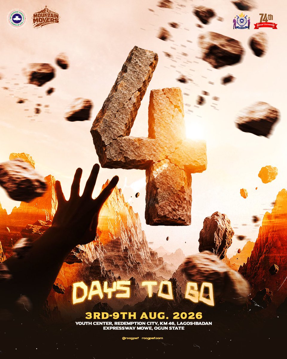 PSFRCCGofficial's tweet photo. 4 DAYS TO GO!

The mountain is in sight.

In just 4 days, we gather with one purpose, to see every mountain bow before the power of God.

📅 3rd to 9th August, 2026
📍 RCCG Youth Centre, Redemption City, KM 46, Lagos-Ibadan Expressway.

#MountainMovers
#PSF2026
#RCCGPSF https://t.co/HthUuzFmlo