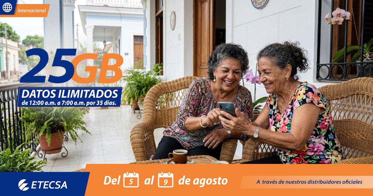 EtecsaServicios's tweet photo. 💥 ¡Anota esta fecha y mantente atento a los detalles!  
Del 5 al 9 de agosto si recibes una recarga internacional entre 600CUP y 1250CUP, recibes 25GB + Datos ilimitados de 12:00 a.m. a 7:00 a.m.💬Conoce todos los detalles en https://t.co/0aOn0eDjmB #RecargaInternacional https://t.co/xiPE82iFya