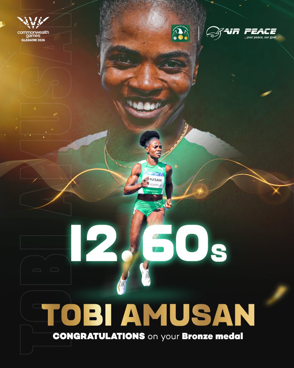 MakingOfChamps's tweet photo. Bronze🥉 medal, we will take it!

🥇 Devynne Charlton 🇧🇸 - 12.33s
🥈 Megan Simmons 🇯🇲 - 12.41s
🥉 Tobi Amusan🇳🇬 - 12.60s

Tobi Express has given Nigeria so many good moments over the years. There are so many good times still to come. https://t.co/kbCE4fBel8