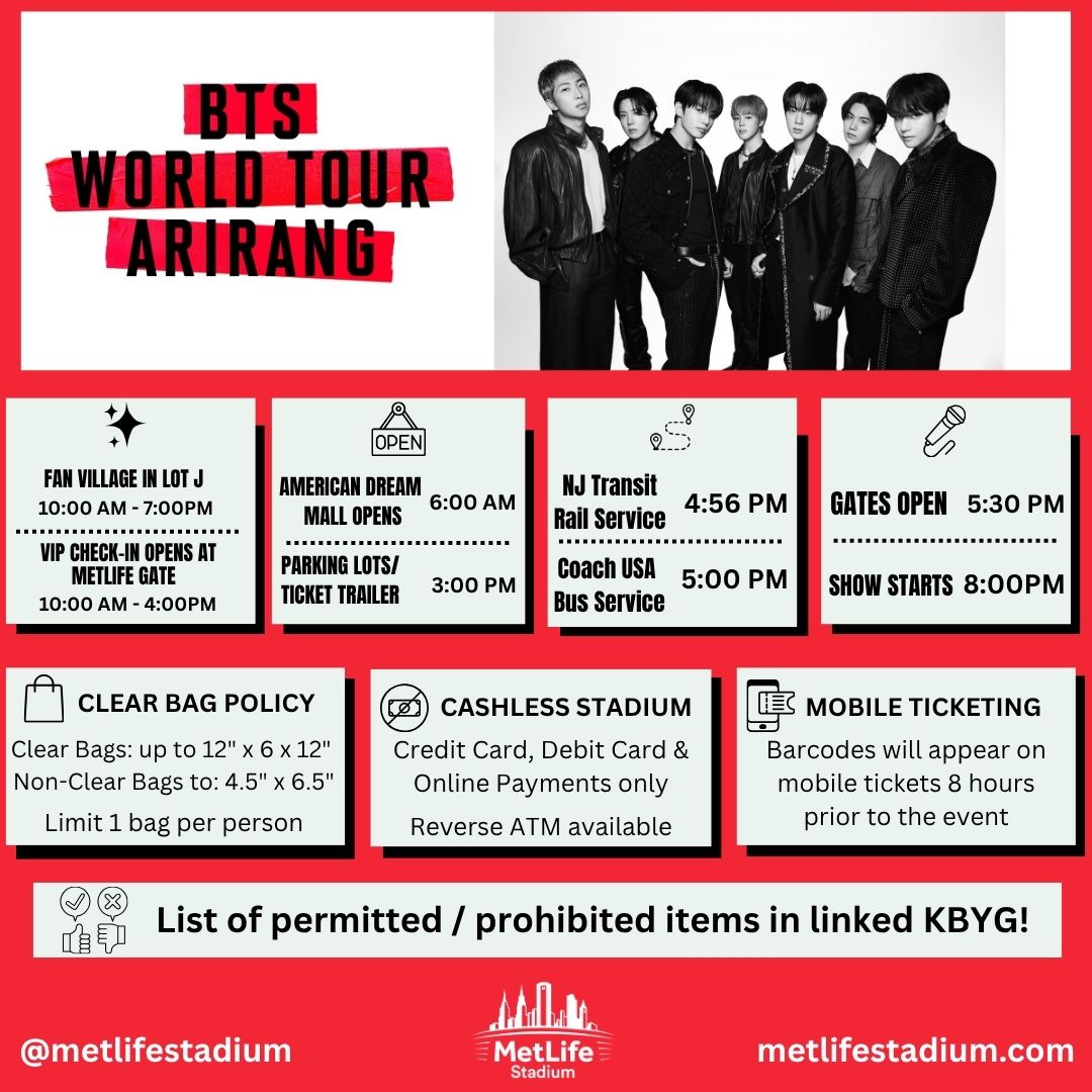 MetLifeStadium's tweet photo. Are you ready for BTS WORLD TOUR ‘ARIRANG’ in East Rutherford ?? Here's all you need to know before you go! 🎶 🎤

🔗: https://t.co/X9s40fiKox https://t.co/5dLnMB6SOa