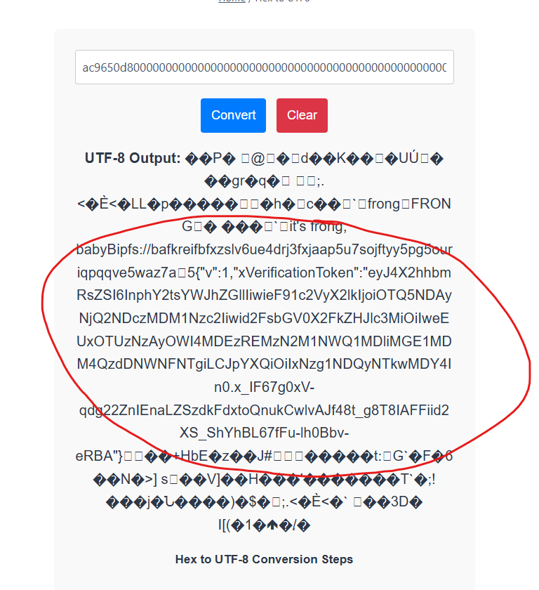 reese84_'s tweet photo. Heres how $FRONG was deployed by @zacklabadie on the new uniswap launchpad:

tx: 0xbe6b90c58c017b4754a6a6ee6d65be9a682d2b79de0142954ae345f1dce8f35c

their launchpad has some sort of way to connect your twitter and prove your identity via a signed jwt token stored on chain. The calldata for the launch function calls contains that token.