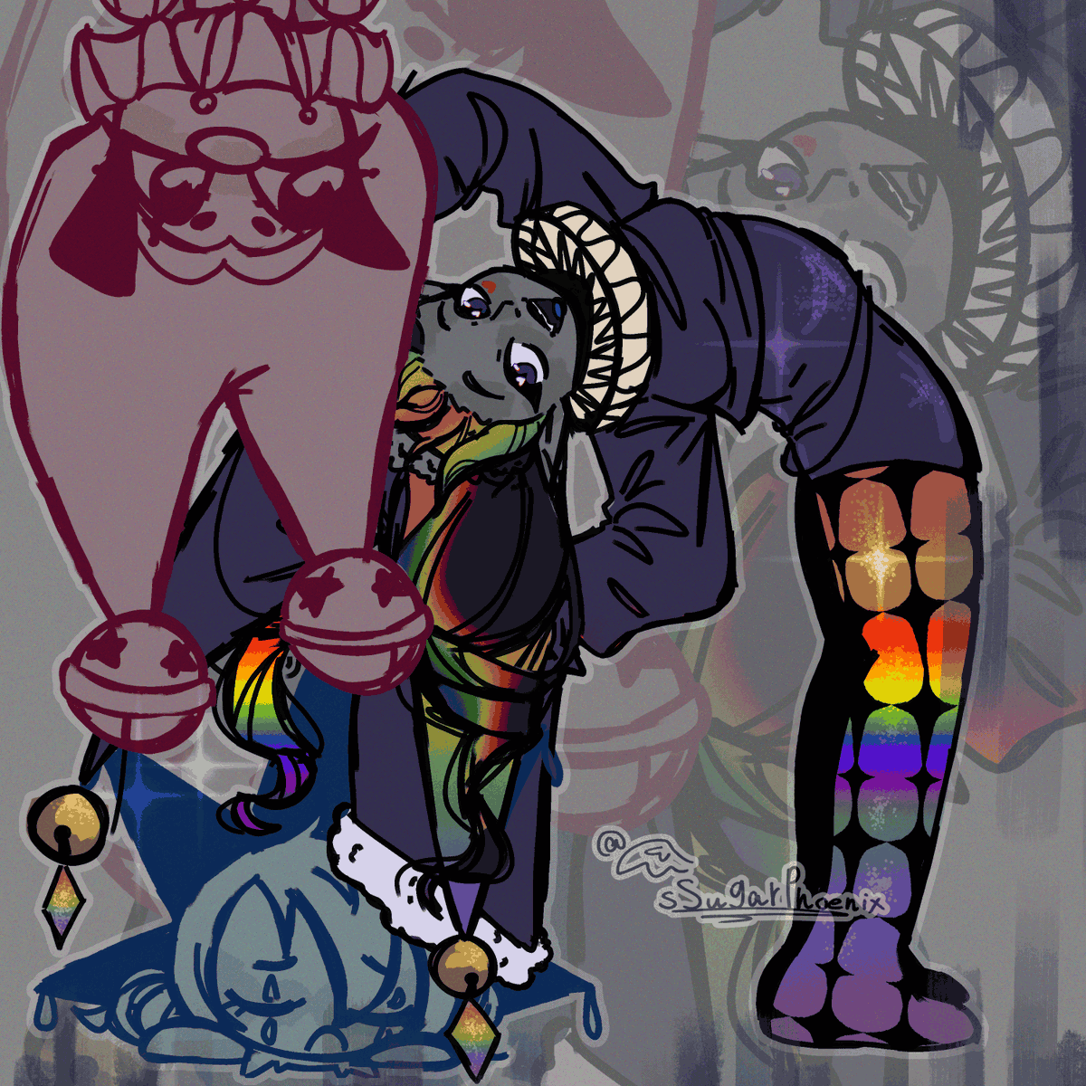 sSugarPhoenix's tweet photo. you guys have awesome ocs!!! 3 character mass attack :3
character with the rainbows belong to @PrinceKura_
character on ceiling belongs to Botanical_Bunnie on artfight
blue character belongs to Echo-Zero on artfight
#digitalart #fyp #fanart #artfight #AFattacks https://t.co/FijCNbhCkP