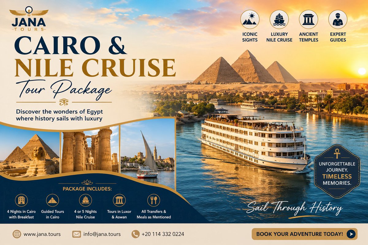JanatoursE's tweet photo. 🇪🇬 From the majestic Pyramids of Giza to a luxury Nile Cruise, discover Egypt's timeless wonders in one unforgettable journey.

🏛️ 
Book your Cairo &amp; Nile Cruise Tour Package today!
#Egypt #VisitEgypt #NileCruise #Cairo #TravelEgypt #LuxuryTravel #Pyramids #Luxor #Aswan https://t.co/q4nNFZm3hh