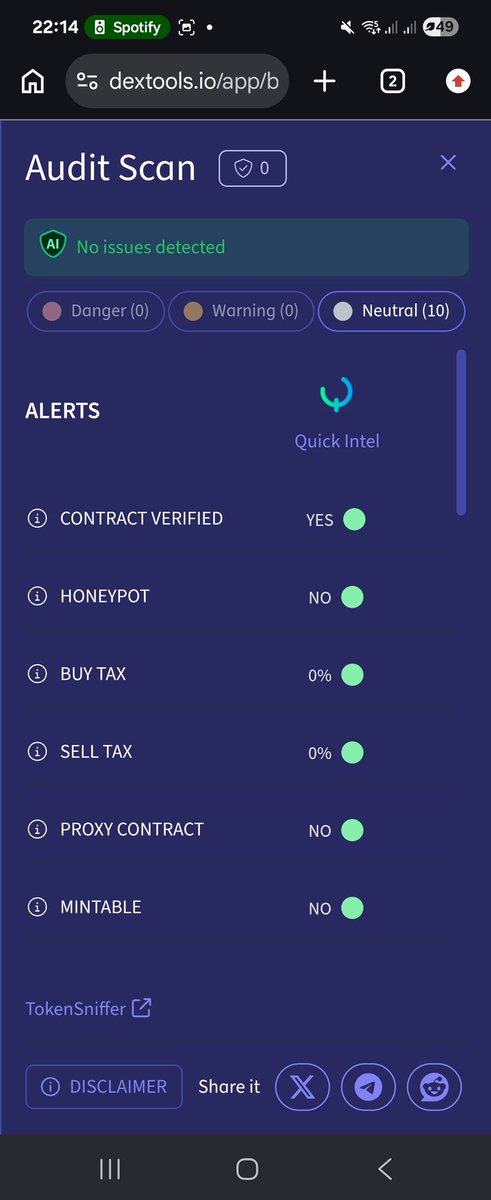 FlazeCoin's tweet photo. Perfect 👌 Zero Issues from 3 Dextools Audits.
LP locked forever + Contract Renounced!
No creator / team big bags, no hidden coins in exchanges.
$Flaze is as safe as it can get! https://t.co/1Zx9usty1x