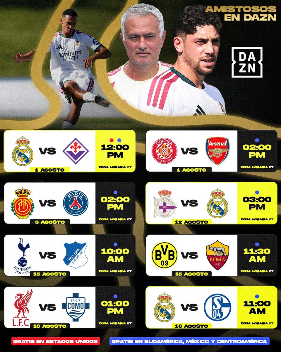 DAZNFutbol's tweet photo. EL REAL MADRID Y OTROS GRANDES DE EUROPA JUEGAN EN DAZN 🔥

Si estás en Sudamérica, México, Estados Unidos o Centroamérica... ¡DISFRUTA DE TRES PARTIDOS DE PRETEMPORADA Y DE EQUIPOS COMO PSG, ARSENAL O LIVERPOOL AQUÍ! 🍿

Nosotros te ponemos el plan... ¿A QUÉ ESPERAS? ✨ https://t.co/OdXUlt5QYU