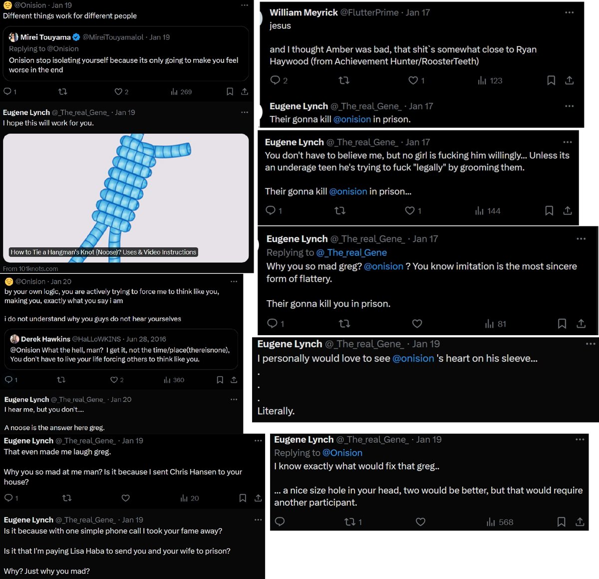 Onision's tweet photo. https://t.co/SQCFKahY2X January 17–20, 2024: Chris Hansen's criminal associate publicly posted noose instructions, demanded Onision's heart be removed, expressed murder fantasies about Onision and claimed/confessed to personally funding Lisa Haba's lawsuit (Involving Sarah, Regina Alonso, Margaret Mabie etc) and sending Chris Hansen to his family home. #Onision
