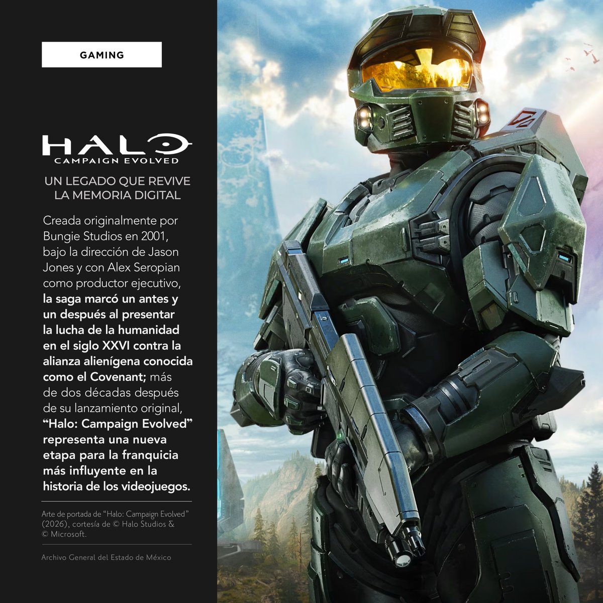 agem_mex's tweet photo. "El destino de la humanidad se escribe entre las estrellas" 
El @agem_mex reconoce a los #videojuegos como parte de la #MemoriaDigital. @Halo: Campaign Evolved revive un legado de #CienciaFicción con el #MasterChief y #Cortana, ahora en @XBOX, PC y @PlayStation.
#Gaming
#AGEMÉX https://t.co/Rxh2xikDzE