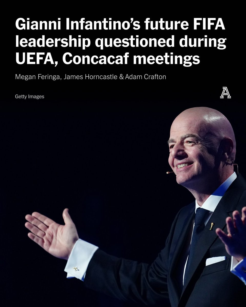 TheAthleticFC's tweet photo. Gianni Infantino’s future leadership of FIFA was questioned by federations during meetings in which UEFA and Concacaf rejected his plans to sell stakes in the World Cup.

Sources briefed on the discussions at the UEFA meeting, speaking on the condition of anonymity to protect relationships, said that while Infantino’s position was not formally on the agenda, faith in him was questioned and his future as the leader of the global game was referenced in conversations.

The Athletic reported following the Concacaf meeting, one source with knowledge of discussions said the feeling and discussion expressed among the vast majority of Concacaf members was that they are losing confidence, or have lost confidence altogether in Infantino as FIFA President.

A second person considered that to be a slightly stronger description of the meeting than they took away from it, but acknowledged widespread concerns over the current FIFA approach to leadership and transparency.

More from @megan_feringa, @JamesHorncastle & @AdamCrafton_ 

🔗 https://t.co/X3V6zT5biH
