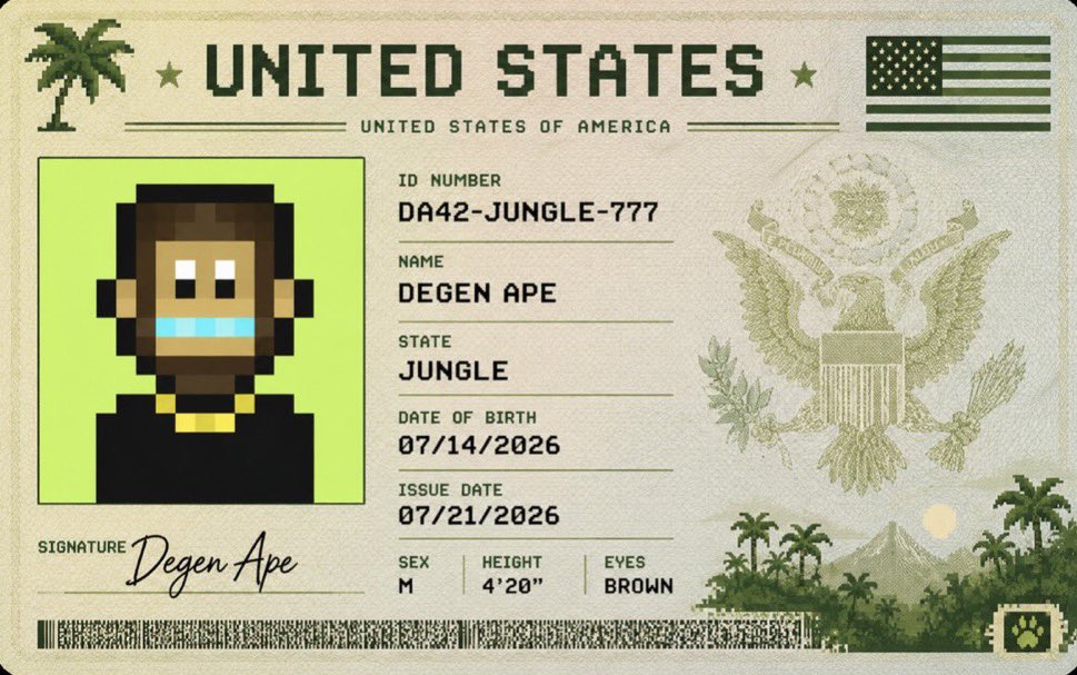 DEGENHOODAPEZ's tweet photo. 🪪 Every ape has an identity
This isn't just an ID card, it's your entry into the Hood
Every DEGEN HOOD APE carries its own personality, style, and story. Different traits. Different drip. Different attitude.
Thousands of combinations One community
Once you're in...
You're part of the Hood🦍🌿