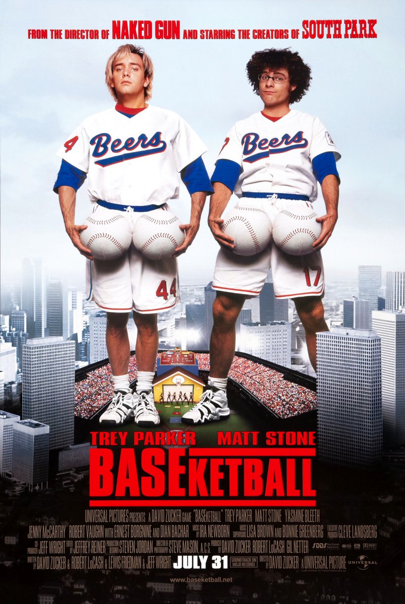 landofthe80s's tweet photo. The sports comedy "BASEketball" starring Trey Parker and Matt Stone opened in theatres today in 1998. 

BITE-SIZED FACT | It remains the only live-action feature in which the South Park creators starred but neither wrote nor directed. https://t.co/y4Bg8NCFC4