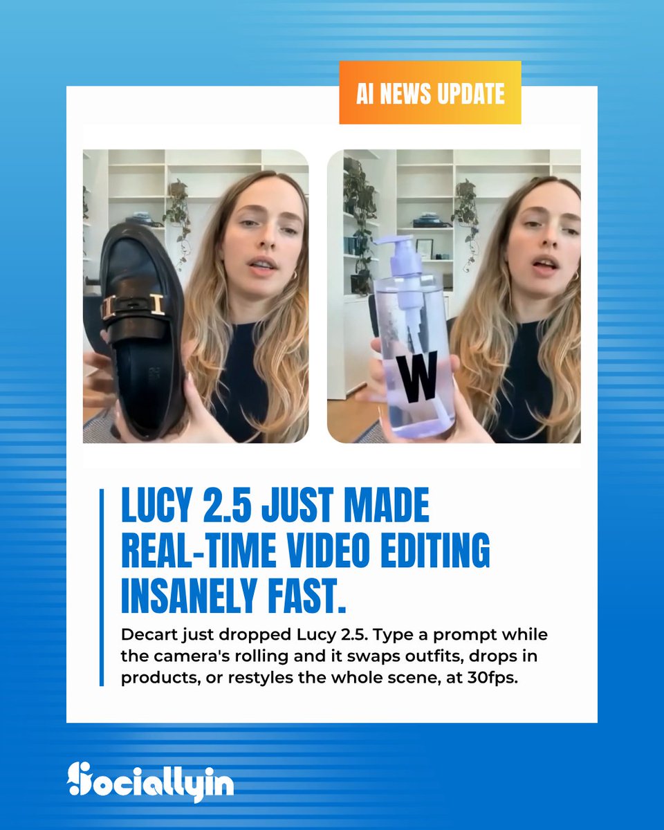 Sociallyin's tweet photo. Video editing used to mean rendering bars and waiting around. Not anymore.

Decart just dropped Lucy 2.5 on https://t.co/IuUwiWydDo, and it edits video as it happens.

We’re talking 30 frames per second with basically zero lag. You can type a prompt during a live stream, like swapping your hoodie, changing the room background, or dropping a product into someone's hand, and it transforms frame-by-frame while keeping lighting and motion natural.

Why it’s a big deal:
• Live shopping & try-ons: See how clothes look on you instantly.
• Dynamic ads: Swap products inside a video stream on the fly.
• Real-time VFX: Add smoke, lighting, or scene shifts live.

It’s live right now on https://t.co/IuUwiWydDo ($0.04/sec, pay-as-you-go API).

What’s the first thing you’d edit in real time? 👇

#AI #VideoEditing #Lucy25 #TechNews #GenerativeAI