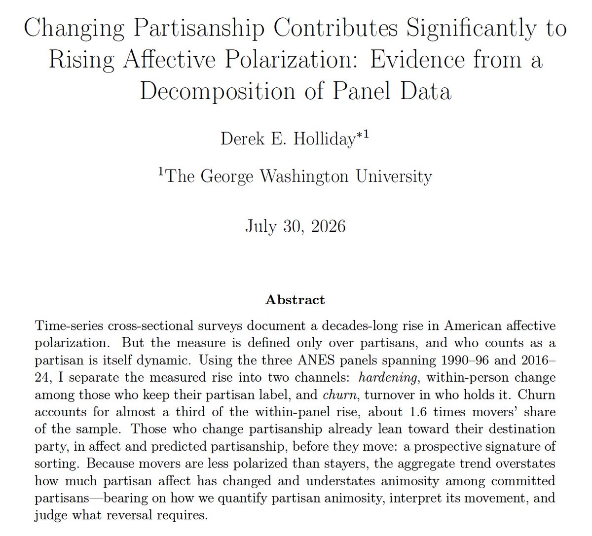 d_e_holliday's tweet photo. 🚨 New preprint 🚨 American affective polarization has risen for decades. But the people being averaged over — partisans — keep changing. I show that turnover in who holds a party label accounts for almost a third of the measured rise. 🧵
https://t.co/kkm9Tvs1bA https://t.co/tBBi7ujamT