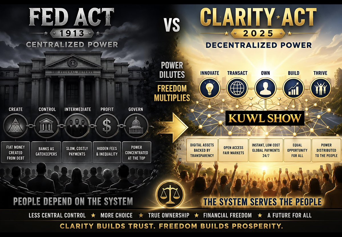 KuwlShow's tweet photo. “Why should we care about the Clarity Act?”

Fair question.

• Most Americans don’t own a crypto company.
• Most don’t trade digital assets.
• Most are simply trying to build a life, raise a family, save for retirement, and leave something better for their children.

So… what’s in it for us?

What if this legislation isn’t primarily about crypto at all?

What if it’s about something FAR bigger, like:

• Who controls the system of money?
• Who owns our digital property?
• Whether financial opportunity becomes more open - or remains centralized?
• Whether the next generation inherits a system built on banker permissions … or one built on transparent rules?

Every generation experiences legislation that reshapes its’ future. We choose or others choose for us.

The 1913 Federal Reserve Act defiled the U.S. monetary architecture of the last century.

The 2026 Clarity Act can free us all from bank tyranny.

I’m not asking you to agree.

I’m inviting you to ask a better question.

“What changes when financial infrastructure becomes as open and interoperable as the Internet itself?”

If you’ve wondered why so many institutions, banks, technology companies, and policymakers are focused on this legislation, I wrote a plain-English explanation free for all to review and share.

No jargon.
No tribal politics.
Just one question:

“What’s in it for me and my family?”

Here’s the full article on Substack to read & decide for yourself.
🔗 https://t.co/7CwnNRCqB2

@USTreasury @POTUS @fairshake @PrometheanActn @WatcherGuru @SMQKEDQG