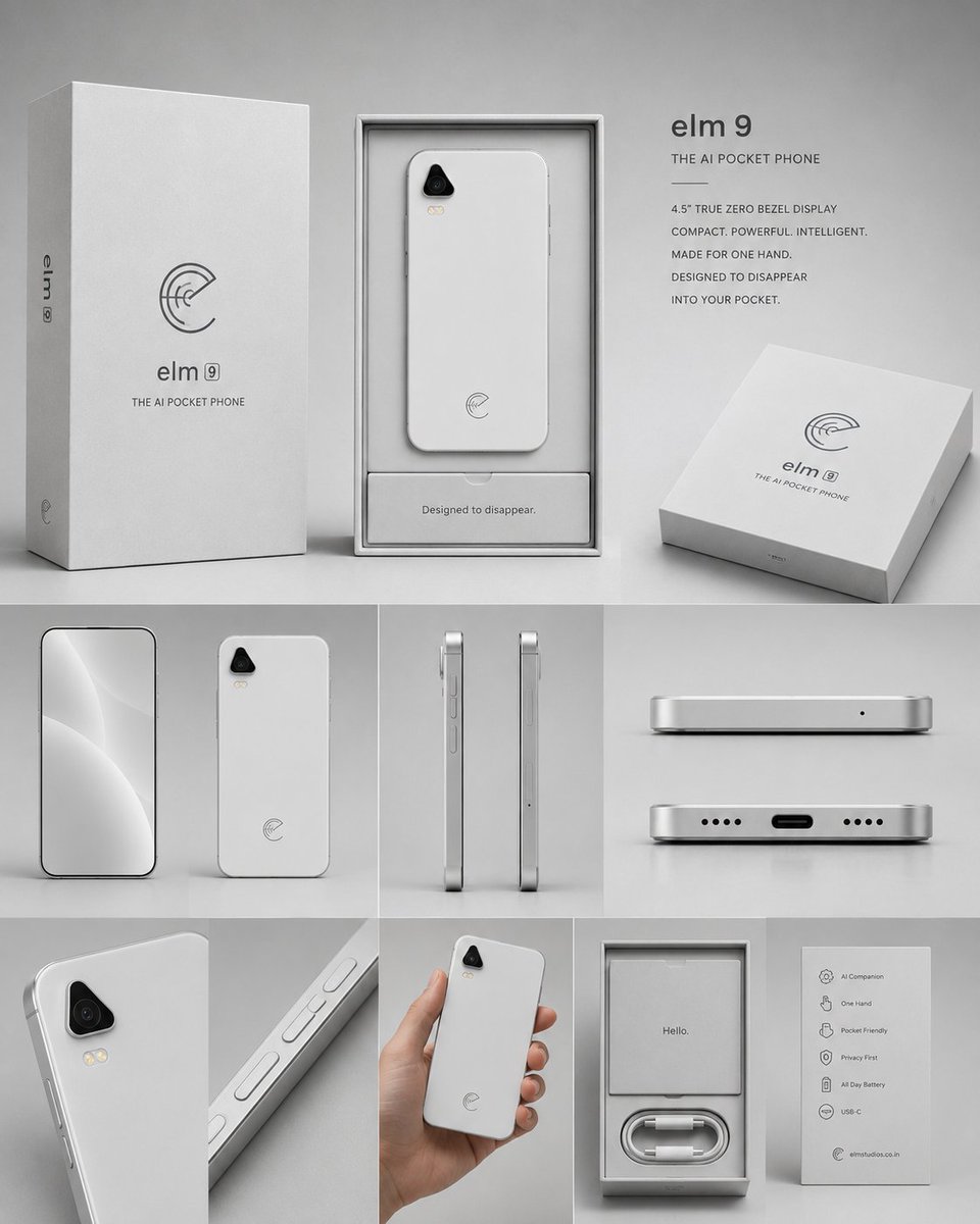 elm_studios's tweet photo. ELM 9
The AI Pocket Phone

A phone that feels light in your hand.
Comfortable in your pocket.
Ready when you need it.
Quiet when you don't.
Designed for everyday life.

Your Companion. Not a Substitute.
Concept • 2026 https://t.co/BFXYDCqkY8