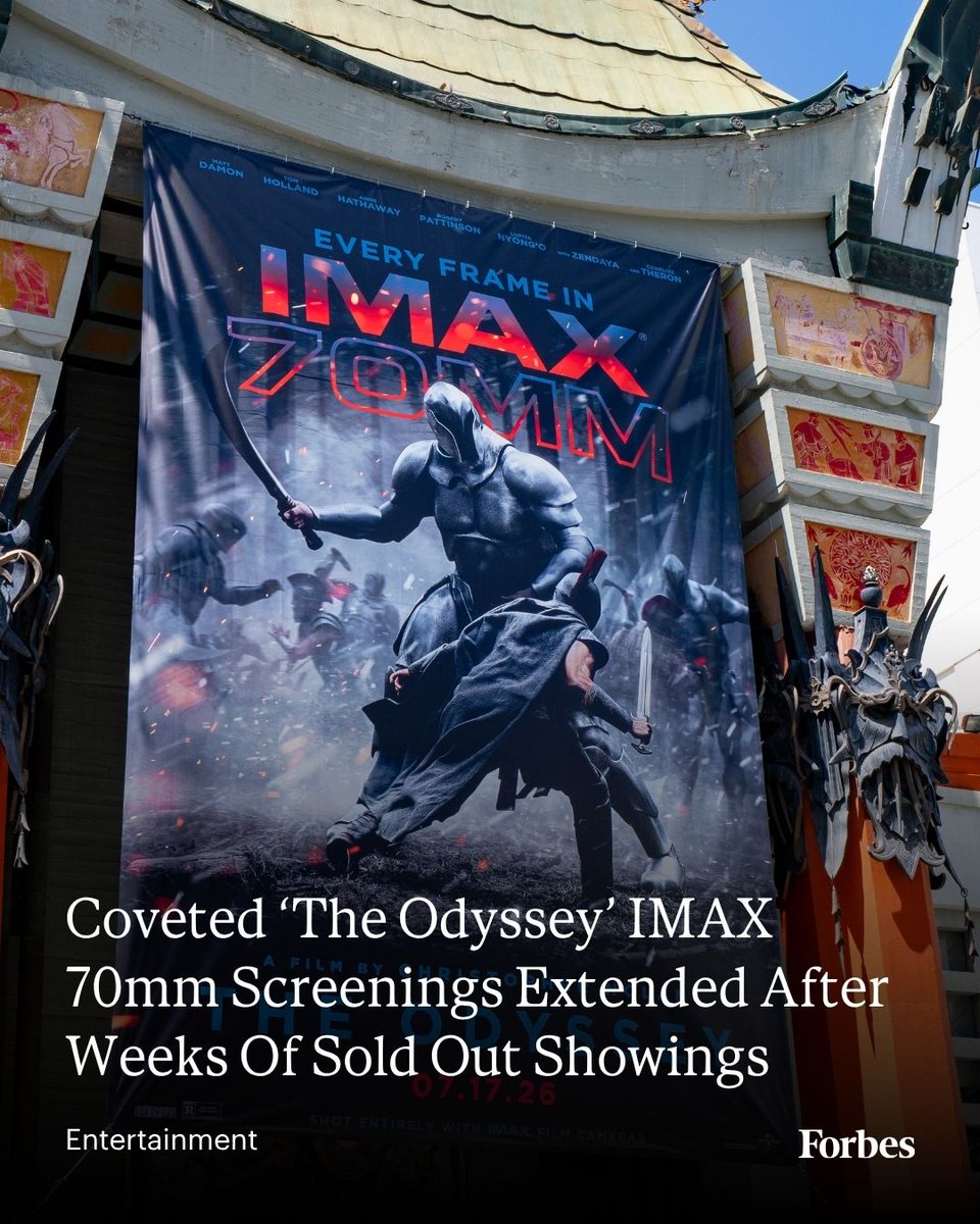 Forbes's tweet photo. Showings of “The Odyssey” in IMAX 70mm have been extended by one month, maintaining its run in the premium format after screenings of the epic adventure flick sold out seven weeks in advance for some theaters during its initial run.
Read more: https://t.co/TzAXFAVpZB
Photo: AaronP/Bauer-Griffin/GC Images via Getty Images