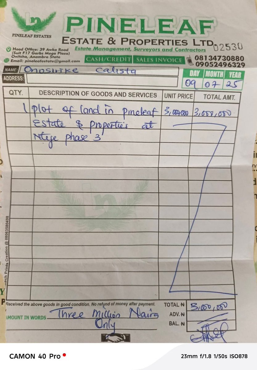 imran_services's tweet photo. This is my proof of payment.

I paid ₦3 million for a plot of land at Pineleaf Estate yet I have not been allocated any land till now. 😭😭😭

I also paid an extra ₦75,000 for the Deed of Assignment based on what the agent told me. I can provide my bank statement for the ₦75,000 payment since I made the transfer from my UBA account.

I went to their office to request a refund and asked when I would receive my money. The man in charge told me he didn't know and said I would have to submit my receipt and other documents.

I cannot hand over my original receipt without receiving my refund. 😭

Please, friends, help me tag anyone who can assist me in recovering my ₦3,075,000.

PineLeaf, please refund my money. 🙏🙏

(C) Nkeiruka Calista Omosirike