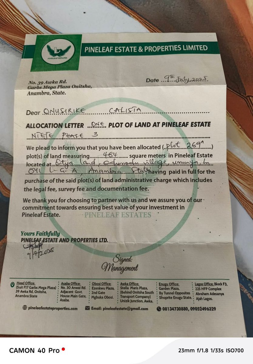 imran_services's tweet photo. This is my proof of payment.

I paid ₦3 million for a plot of land at Pineleaf Estate yet I have not been allocated any land till now. 😭😭😭

I also paid an extra ₦75,000 for the Deed of Assignment based on what the agent told me. I can provide my bank statement for the ₦75,000 payment since I made the transfer from my UBA account.

I went to their office to request a refund and asked when I would receive my money. The man in charge told me he didn't know and said I would have to submit my receipt and other documents.

I cannot hand over my original receipt without receiving my refund. 😭

Please, friends, help me tag anyone who can assist me in recovering my ₦3,075,000.

PineLeaf, please refund my money. 🙏🙏

(C) Nkeiruka Calista Omosirike