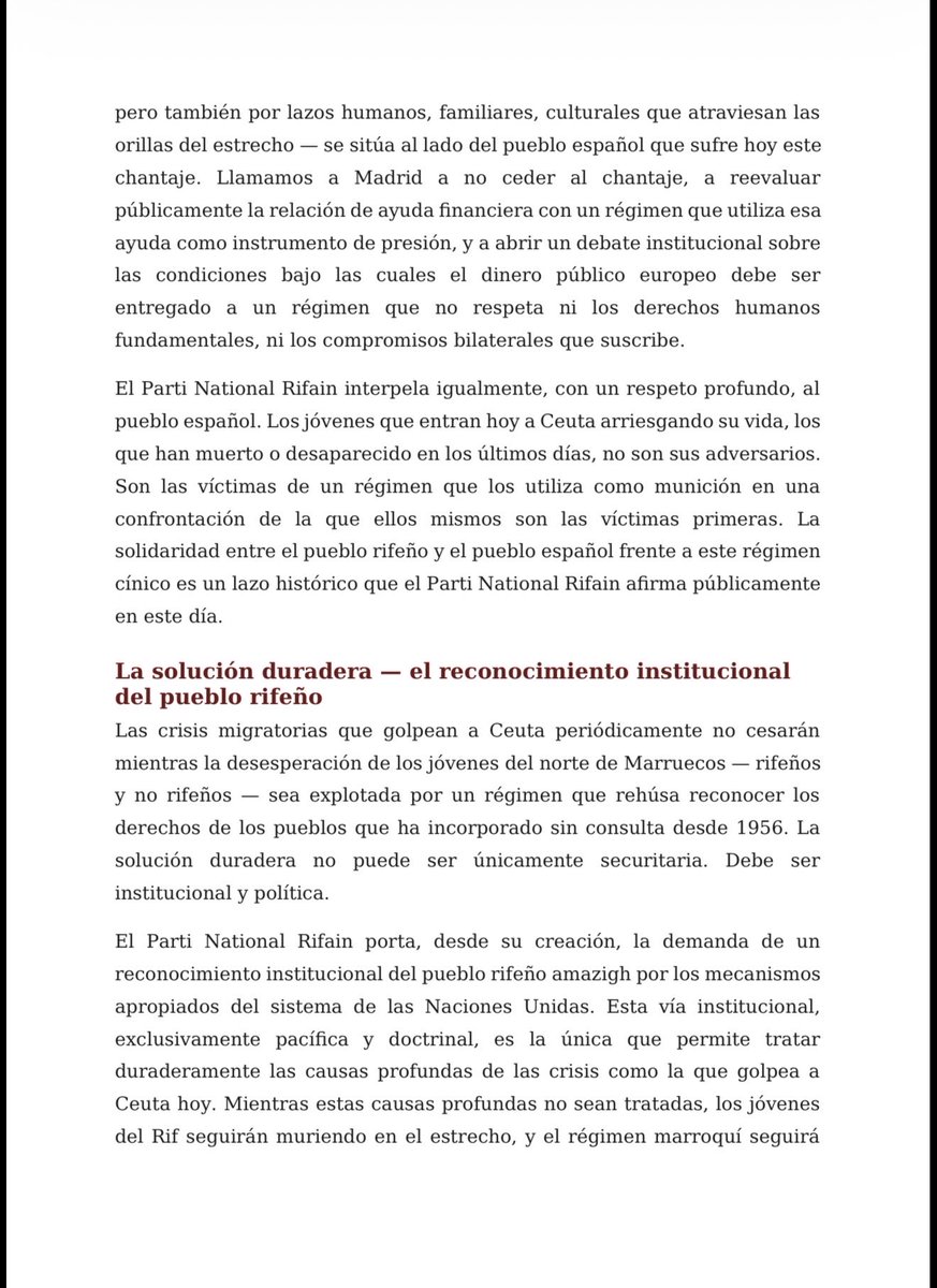 TalebSahara's tweet photo. 🚨| El Partido Nacional del Rif emite un durísimo comunicado en el que acusa al régimen marroquí de utilizar deliberadamente la inmigración irregular como instrumento de presión política contra España y la UE. También pide revisar toda la financiación europea destinada a Rabat. https://t.co/RtoWag45FS