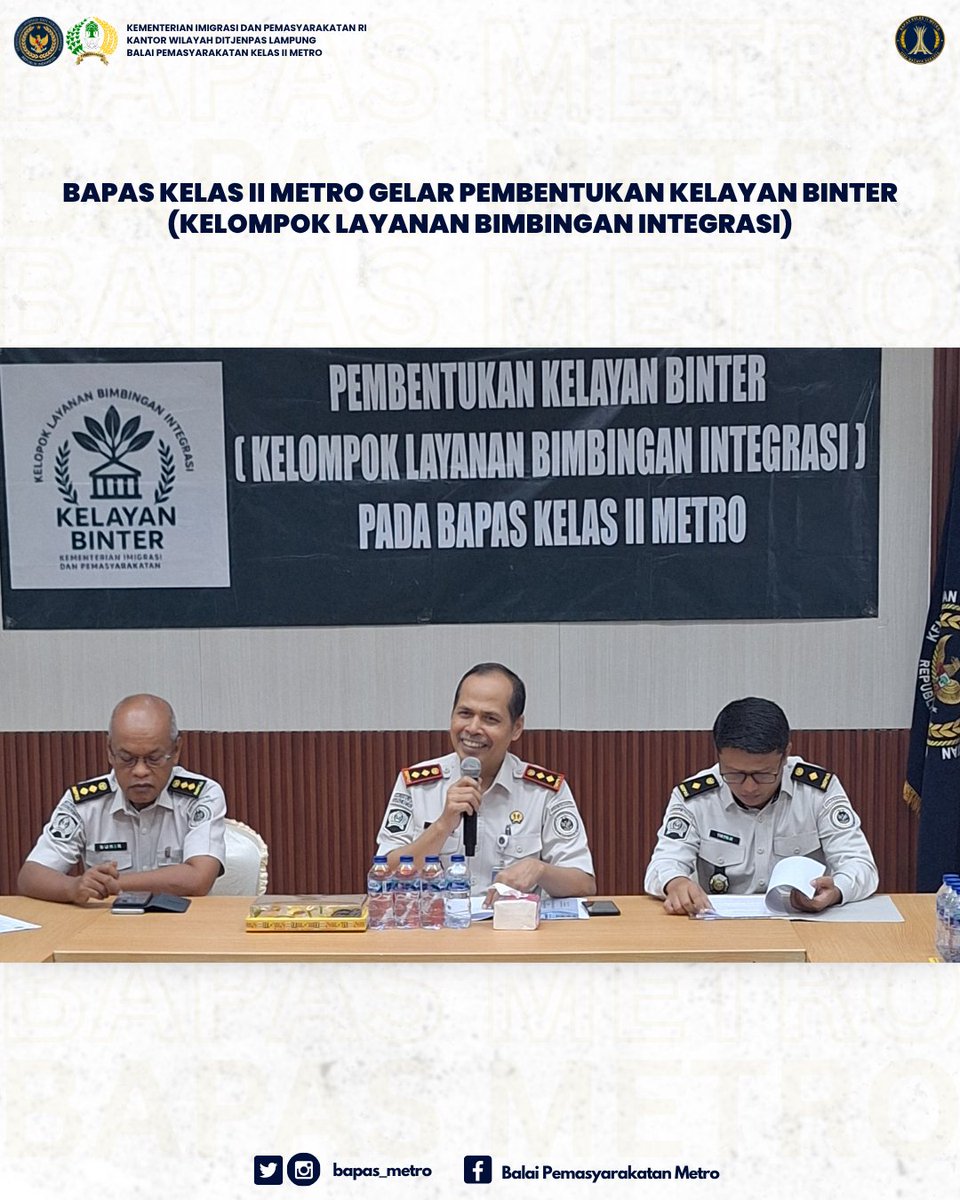bapas_metro's tweet photo. Metro, 30 Juli 2026 – Balai Pemasyarakatan (Bapas) Kelas II Metro menggelar kegiatan pembentukan KELAYAN BINTER (Kelompok Layanan Bimbingan Integrasi) yang berlangsung di Aula Kantor Bapas Kelas II Metro. https://t.co/DgqJq7q4eK