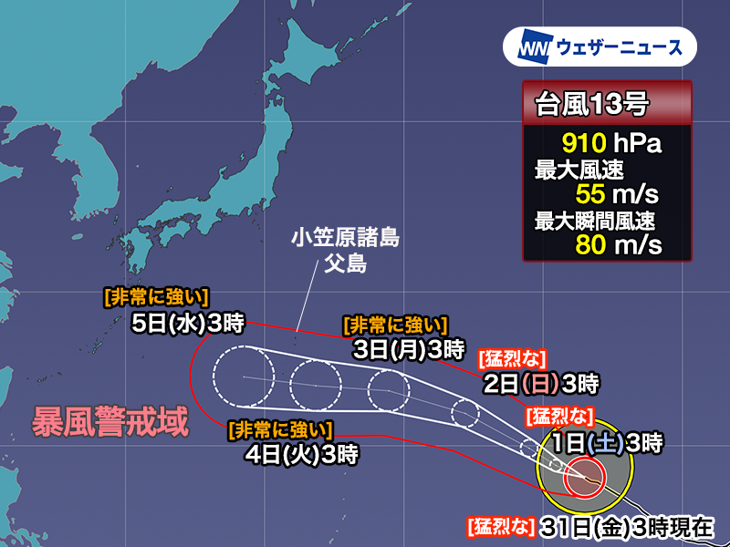 wni_jp's tweet photo. 【台風情報】
7月31日(金)3時現在、猛烈な勢力の台風13号(ドルフィン)はウェーク島近海を西北西に進んでいます。

来週はじめには非常に強い勢力で小笠原諸島に近づく見通しで、強まる雨風に厳重な警戒が必要です。今週末などで早めに対策をしてください。
https://t.co/IL5NBBCxrb https://t.co/hZ2sWsqTxe