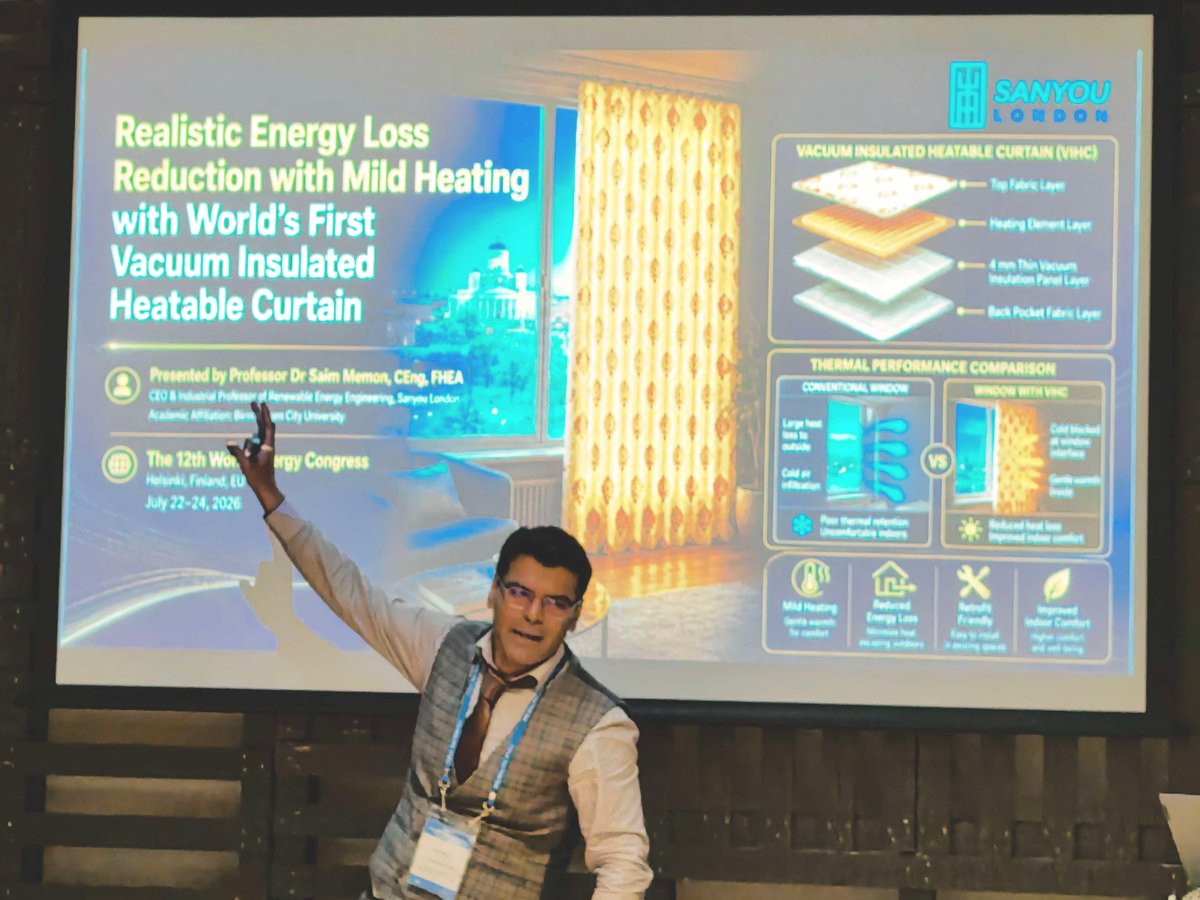 profsaimmemon's tweet photo. My #keynotespeech at 12th World Energy Congress WEC-2026 in #helsinki, #finland on World's First Vacuum Insulated Heatable Curtain (VIHC) launched at @sanyoulondon 
#European, #Finland, #Sweden, #Norway #EU 
 https://t.co/KBwOnkj4gO
#BITCongress #WEC2026 #Helsinki #HorizonEurope https://t.co/SZkxrBPtgH