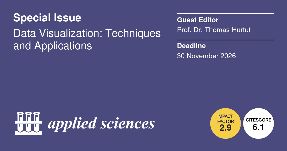 Applsci's tweet photo. 📢 #SpecialIssue
Data Visualization: Techniques and Applications
📅30 November 2026
👨🔬 Guest Editors:
Prof. Dr. Thomas Hurtut from Polytechnique Montréal, Canada
🔗https://t.co/HGj8OdQUHl
#informationvisualization #visualanalytics #scientificvisualization #data-drivendesign #high-dimensionaldata #human–computerinteraction #machinelearninginterpretability #geospatialvisualization #uncertaintyvisualization #perceptionandcognition