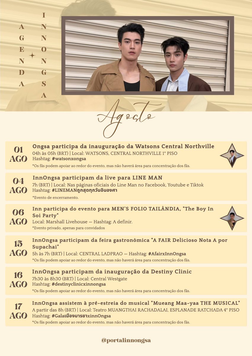 portalinnongsa's tweet photo. Confira a agenda dos atores Inn Jakkrasin (🦊) e Ongsa Tthuchh (🐰) para este mês.

#อินองศา #InnOngsa 
#อรุณรุ่ง #TheEdgeOfHorizon https://t.co/T1GcP4hrvn